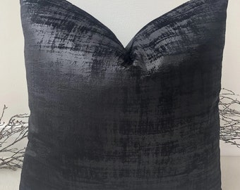 Luxury Black Textured Soft Velvet Cushion, Customisable Options to Add Piping or Fringing Colours, Pillow Cover for Sofa or Bed - Style 134