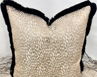 Style No. 41 - Luxury Champagne Taupe Scatter Cushion bed set, beds, sofa. Textured champagne cushion fringed in black The Couture Cushion