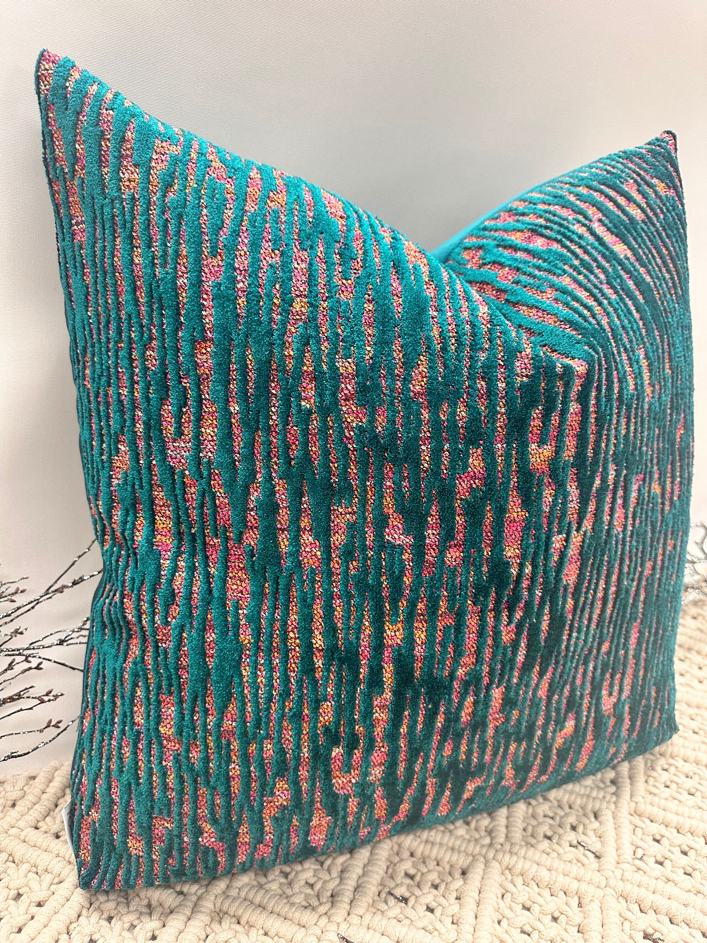 Style No. 195 Luxury Peacock Velvet Pink and Teal Textured Cushion Pillow Cover for Sofa Bed Throw From the Couture Cushion Etsy