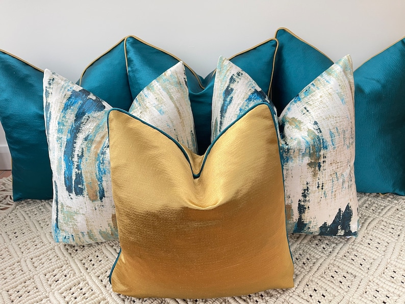 A luxury set of 6 peacock teal gold cushions pillows covers for bed, sofa and chairs The Couture Cushion image 1