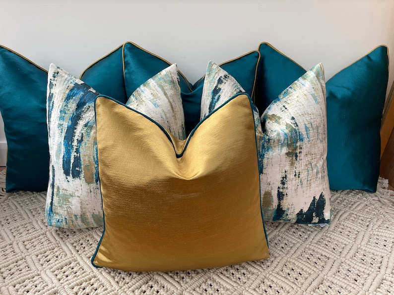 A luxury set of 6 peacock teal gold cushions pillows covers for bed, sofa and chairs The Couture Cushion image 3