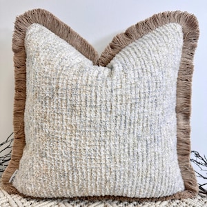 Luxury Beige Fringed Cushion, Beautiful Bohemian Textured Pillow Cover, Fringed in Tan, Handcrafted by The Couture Cushion - Style 109