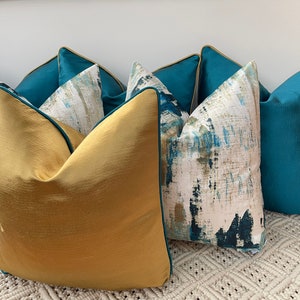 A luxury set of 6 peacock teal gold cushions pillows covers for bed, sofa and chairs The Couture Cushion image 2