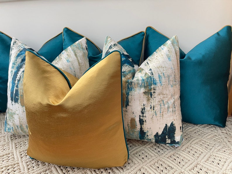 A luxury set of 6 peacock teal gold cushions pillows covers for bed, sofa and chairs The Couture Cushion image 2