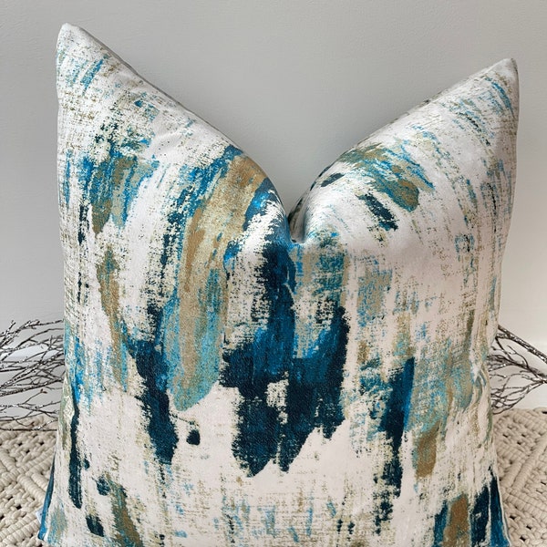 Luxury Peacock Velvet Gold and Teal Textured Cushion Pillow Cover for sofa bed throw - From The Couture Cushion Style No. 10