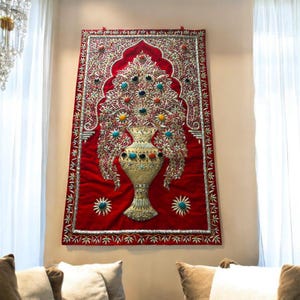 24&quot;x36&quot; Elegance Zardozi Wall Hanging Panel Golden Thread Semi Precious Antique Stone Hand Craved Embroidery Tapestry Jewel Carpet and Decor