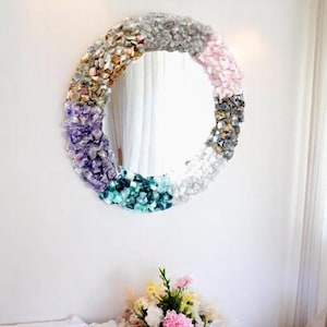 Round Crystal Wall Hanging Mirror Handmade Arts Multi Precious Stone Beautiful Item Vanity Top for Bathroom and Office Interior Decorative