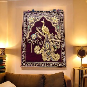 24&quot;x36&quot; Red Zardozi Embroidery Wall Hanging Tapestry Carpet Golden Thread Beautiful Peacock Design Floral Handmade Ars Office Interior Decor