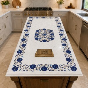 Pietra Dura Tischplatte aus weißem Marmor|Lapis Lazuli Floral Design Esstisch|TajMahal Inspirierte Marmorkunst|Handgefertigter rechteckiger Steintisch