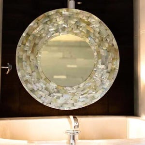 Round Mother of Pearl Wall Hanging Mirror Crystal Stone Hand Crafted Luxurious Design Bathroom and Dressing Interior Decorative