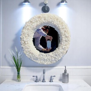 Stunning White Quartz Wall Hanging Vanity Tops Mirror Unique Gem Stone Elegant Design with Accent Glass Handmade Arts Interior Decorative