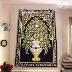 24&quot;x36&quot; Intricate Embroidery Wall Hanging Tapestry Carpet Exquisite Hand Crafted Art Semi Precious Stone Golden with Silver Thread & Decors