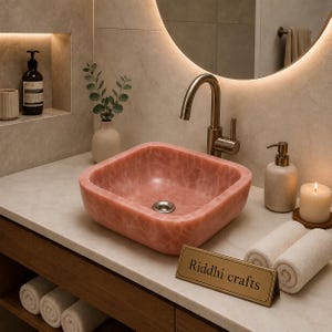 May include: A square, pink marble bathroom sink with a brushed nickel faucet. The sink is set on a white countertop with a sign that reads "Riddhi crafts". A candle, soap dispenser, and rolled towels are also visible.