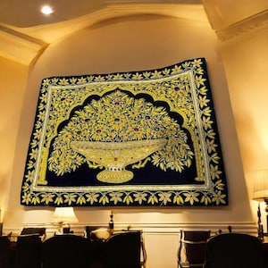 24&quot;x36&quot; Luxurious Wall Hanging Embroidery Art for Velvet Carpet Handcrafted with Semi Precious Golden Thread Floral Tapestry & Decorative