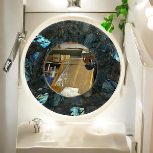 30&quot; Round Labradorite Mirror, Vanity Top Mirror, Home Gift Mirrors, Living Room Mirrors, Decorative Wall Hanging Mirror, Antique Style Decor