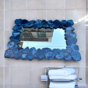 Blue Agate Stone Selfie Mirror/ Handmade Art Crystal Modern Mirror/ Stunning Glass with Living Room Wall Art Mirror/ & Bath Interior Decor