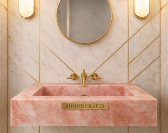 手作りのローズクォーツ製フローティングシンク｜高級天然石壁掛け洗面器｜特注ピンククリスタル洗面台｜モダンなバスルーム装飾
