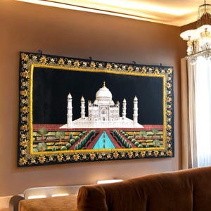 24&quot;x48&quot; Antique Zardozi Wall Hanging Handmade Tajmahal Design Embroidery Tapestry Jewel Carpet Floral Art Precious Stone & Living Room Decor