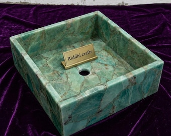 Amazoniet vierkante spoelbak | Handgemaakte blauwgroen edelsteen badkamerwastafel | Luxe wastafel met stenen inlegwerk | Modern rechthoekig wastafeldecor