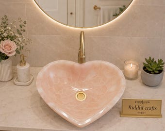Lavabo de cuarzo rosa – Decoración de baño de lujo tipo spa Lavabo de piedra de cristal rosa – Lavabo de tocador de piedra preciosa hecho a mano Lavabo de baño redondo moderno