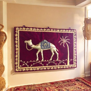 24&quot;x48&quot; Embroidery Carpet Wall Hanging Golden Thread Exclusive Camel Design Mid Century Modern Art Tapestry Jewel Velvet Semiprecious Stone