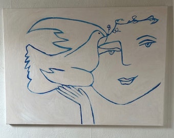 Peinture originale d'apres Picasso "la paix" réalisé en acrylique et pastel, bleu et blanc cassé, Grand Tableau figuratif Picasso bleu blanc