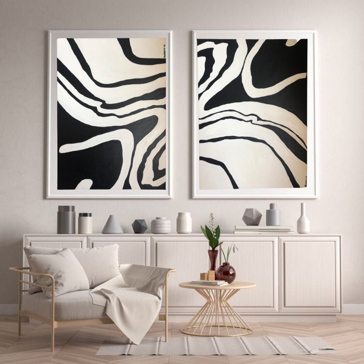 Lot de Deux Toiles Abstraite Pour Deco Salon ou Motif Noir et Blanc