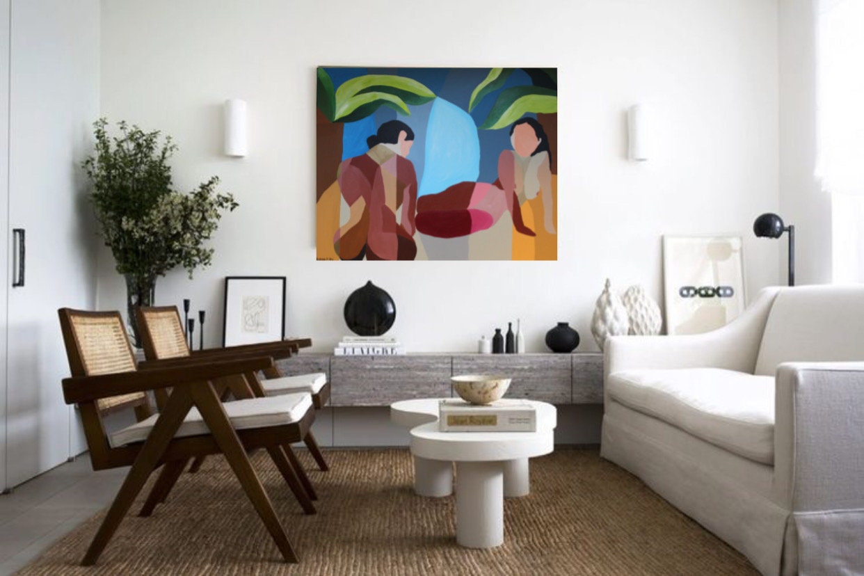 Grand Tableau Coloré Cubiste Femmes Nues Acrylique 100x81cm