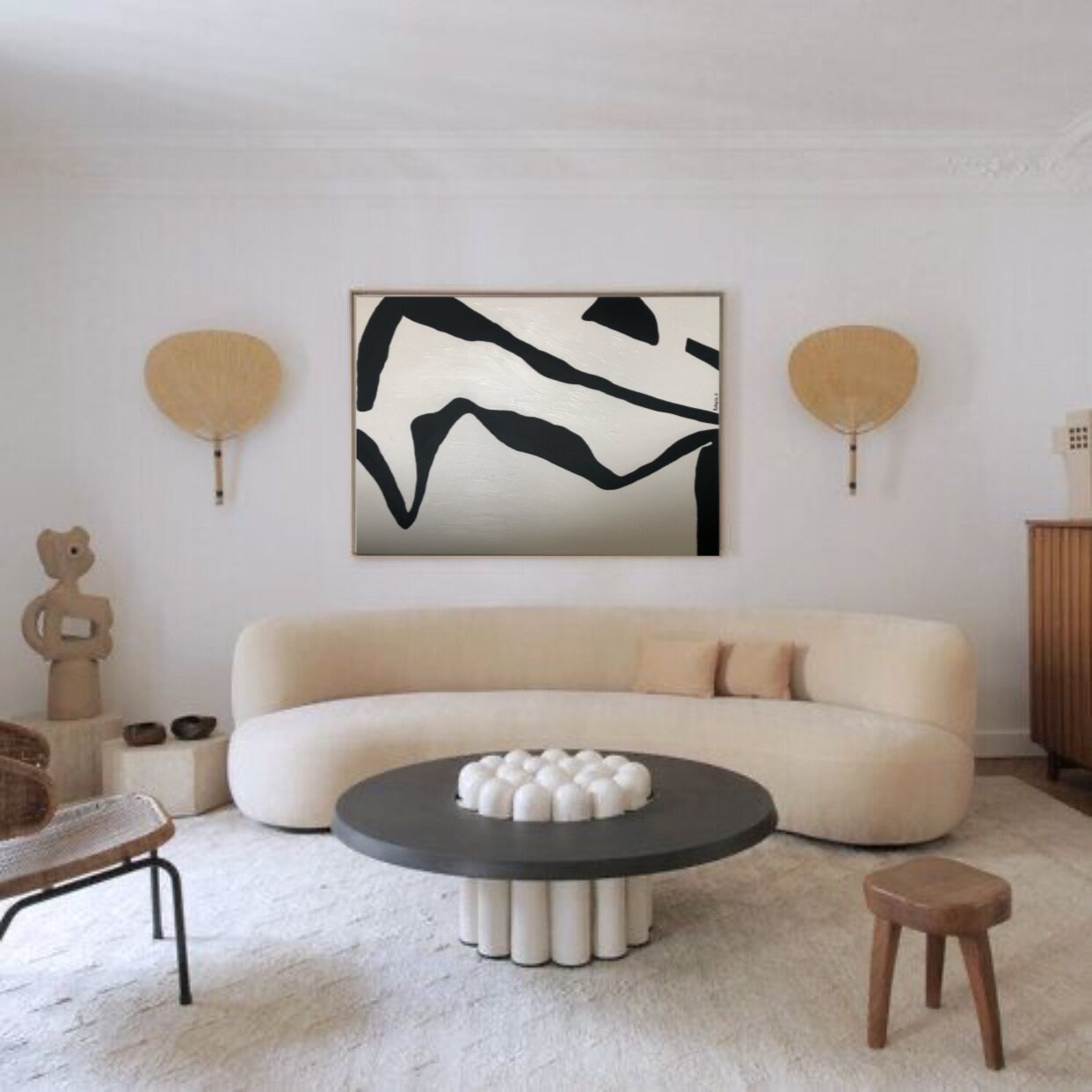 Grande Peinture Acrylique Minimaliste Pour Salon Contemporain Noir et Blanc