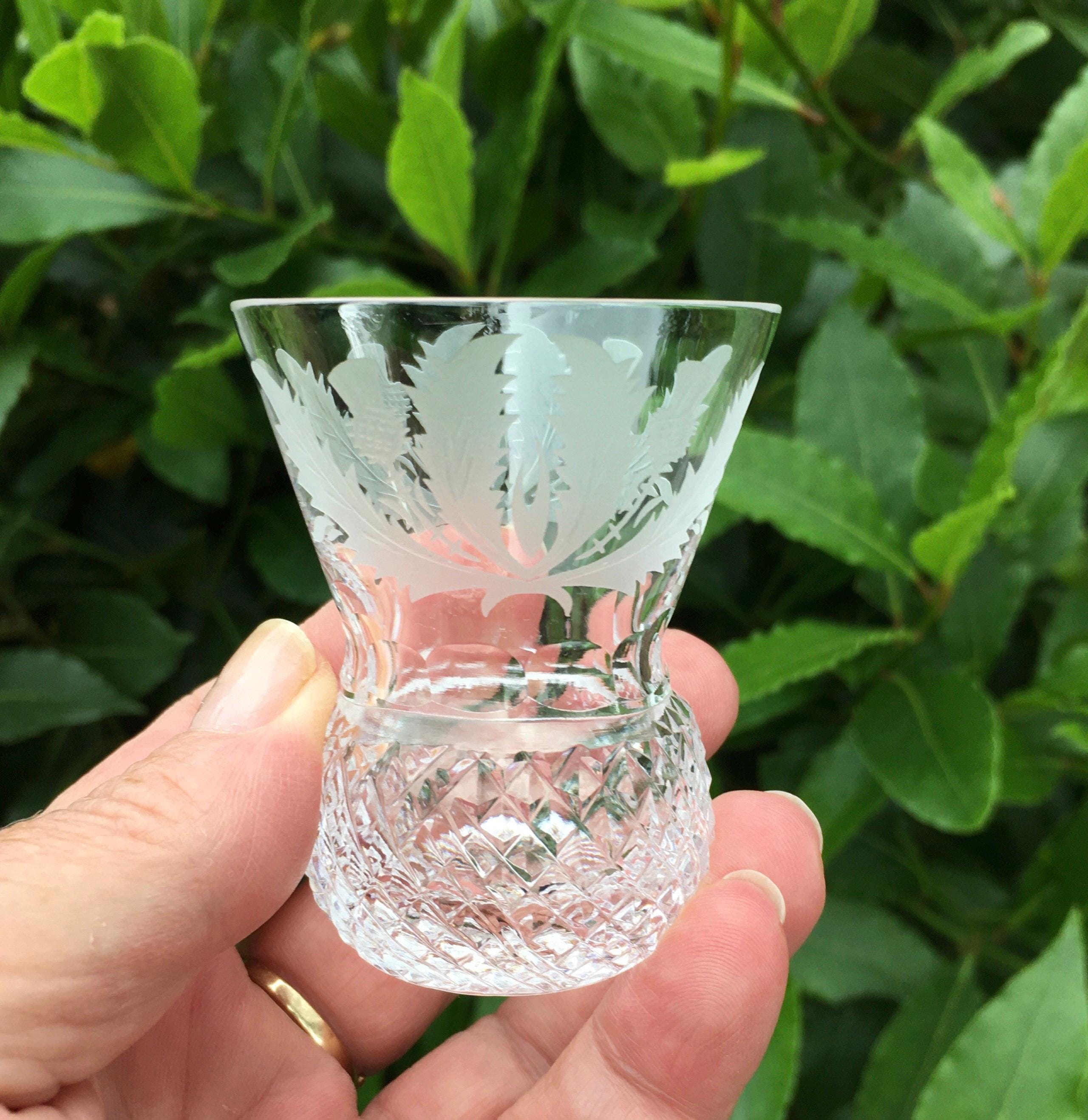 Set of 2 Edinburgh Crystal Thistle Pattern Tot Glasses, 2 1/2