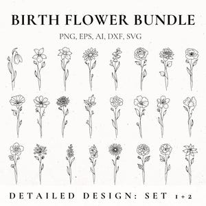 Pacchetto Svg di fiori del mese di nascita, fiore dalla linea sottile, stencil di fiori, disegno del tatuaggio floreale per le donne, clip art di fiori di nascita, botanico SVG, file
