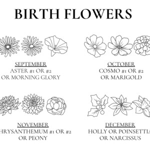 May include: Black and white line drawings of flowers associated with each month of the year. September: Aster or Morning Glory. October: Cosmo or Marigold. November: Chrysanthemum or Peony. December: Holly or Poinsettia or Narcissus.