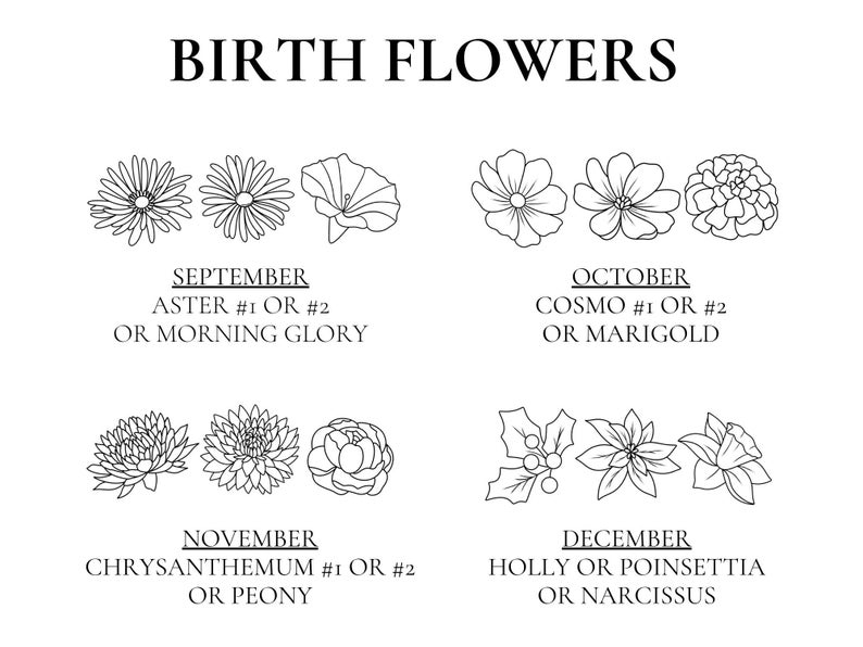 May include: Black and white line drawings of flowers associated with each month of the year. September: Aster or Morning Glory. October: Cosmo or Marigold. November: Chrysanthemum or Peony. December: Holly or Poinsettia or Narcissus.