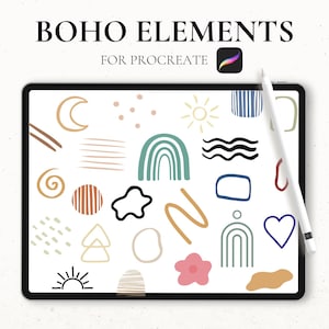 May include: A digital illustration of various boho style design elements on a white background. The elements include a crescent moon, sun, rainbow, wavy lines, stars, hearts, and geometric shapes. The image is displayed on a tablet screen.