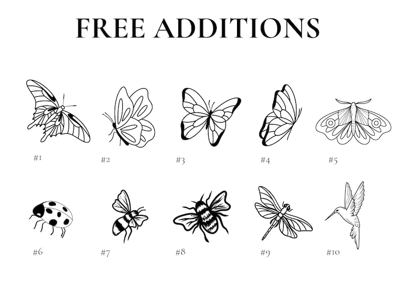 May include: A set of ten black and white line drawings of insects and butterflies. The drawings are numbered 1 through 10. The drawings include a butterfly, a ladybug, a bee, a dragonfly, and a hummingbird.
