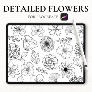25 Flower Stamps Procreate, Procreate Floral Stamps, Flower Tattoo Stencil, iPad Procreate Brushes, Graphic Tattoo, Peony Procreate Stamps