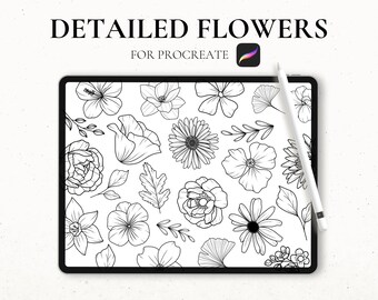 25 Flower Stamps Procreate, Procreate Floral Stamps, Flower Tattoo Stencil, iPad Procreate Brushes, Graphic Tattoo, Peony Procreate Stamps