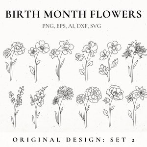 Birth Month Flower Svg Bundle, Fine Line Flower, Flower stencil, Floral Tattoo Design for women, Birth Flower Clip Art, Botanical SVG, Files