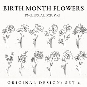 Pacote Svg de flores do mês de nascimento, flor de linha fina, estêncil de flor, design de tatuagem floral para mulheres, clipart de flor de nascimento, SVG botânico, arquivos