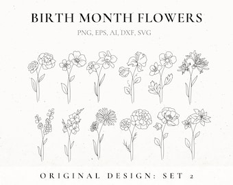 Birth Month Flower Svg Bundle, Fine Line Flower, Flower stencil, Floral Tattoo Design for women, Birth Flower Clip Art, Botanical SVG, Files