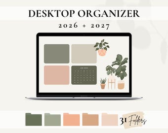 2026 en 2027 Desktop Organizer, 2026 digitale planner, boho plant kalender, esthetische bureaubladachtergrond, mappictogrammen voor Mac, Windows-pictogrammen