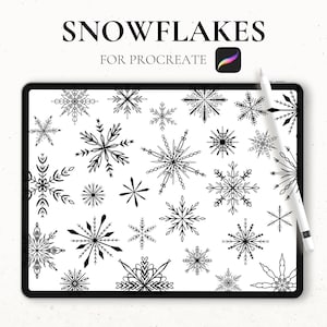 May include: A digital illustration of 25 black and white snowflake designs for use in the Procreate app. The snowflakes are various sizes and shapes, with intricate details.