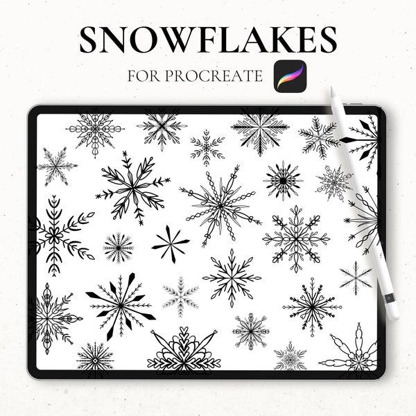 25 Snowflake Stamps Procreate, Fineline Procreate Snow Stamps, Snowflake Stencil, Christmas Procreate Stamps, Intricate Snowflakes, Filigree