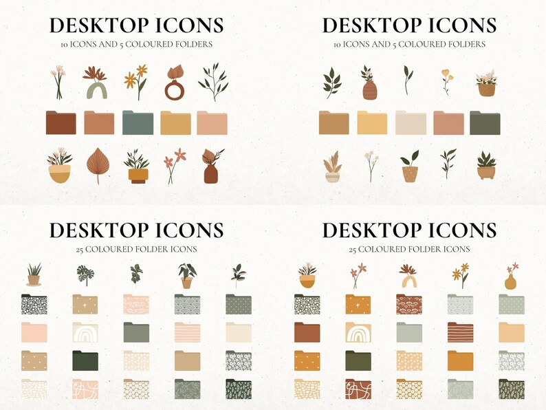 Op de afbeelding: Een set van 25 digitale bureaubladpictogrammen met mappen met verschillende patronen en kleuren. De pictogrammen zijn ge&iuml;nspireerd op een minimalistische esthetiek met een focus op planten en natuur. De pictogrammen zijn perfect om uw computerbureaublad te organiseren.