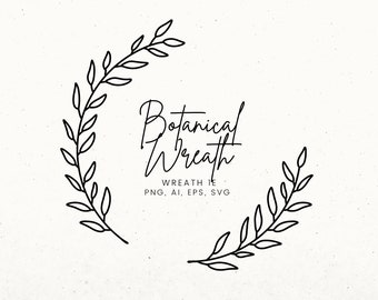 Corona botánica Svg, Corona de laurel dibujada a mano Clip art, Vector de hojas, Clip Art de ramas, Flores silvestres SVG, Monograma Corona Svg Archivo de corte