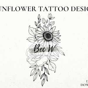 Sunflower and Peony Tattoo Design Download, Digital Download Tattoo, Printable Stencil, Hip or Thigh Tattoo Design, Large Tattoo Stencil