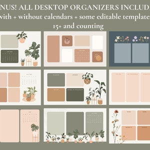 Op de afbeelding: Een set van 10 digitale bureaubladorganisatoren met verschillende ontwerpen met planten, bloemen en kalenders. De organisatoren zijn in tinten groen, bruin en roze.  BONUS! ALL DESKTOP ORGANIZERS INCLUDED with + without calendars + some editable templates 15+ and counting