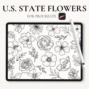May include: A digital illustration of black and white line drawings of various flowers, including roses, hibiscus, and magnolia. The image is displayed on a tablet screen with the text "U.S. STATE FLOWERS FOR PROCREATE" at the top.