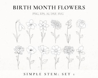 Birth Month Flower Svg Bundle, Fine Line Flower, Flower stencil, Floral Tattoo Design for women, Birth Flower Clip Art, Botanical SVG, Files