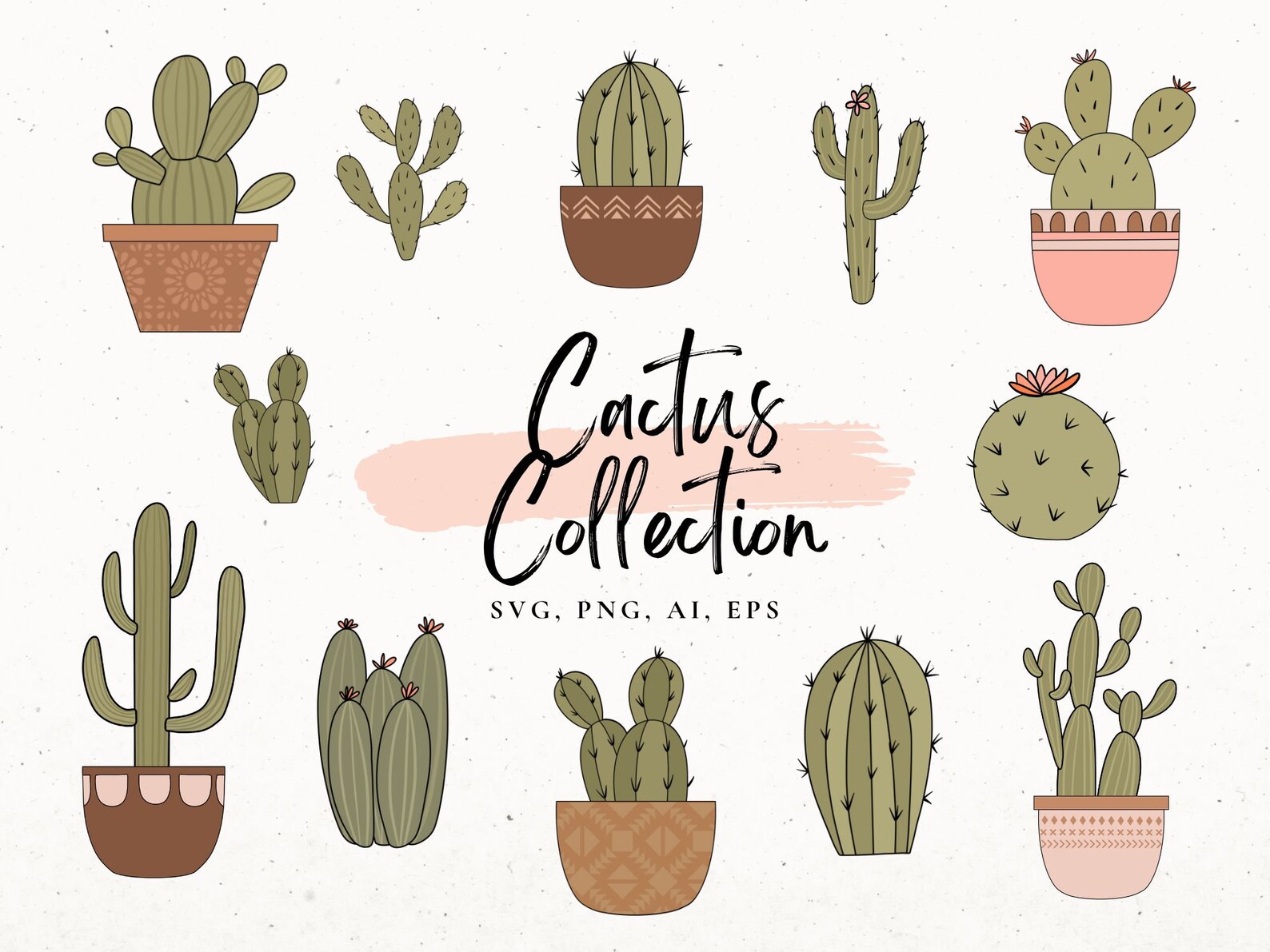 Cactus SVG Bundle, Plants Clip Art Set, Plant Illustration, Boho Cactus ...